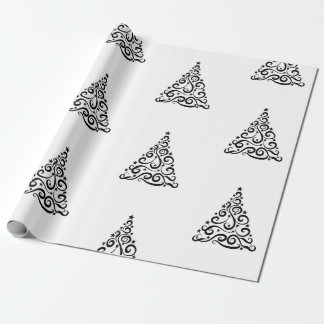 Black Swirls Christmas Trees on White Wrapping Paper