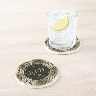 Black swirls frame on gold wedding monogram coaster