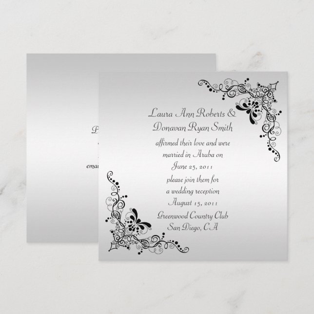 Black Swirls on Silver Background Post Wedding Invitation (Front/Back)
