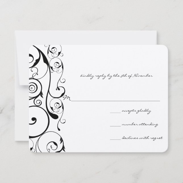 Black Swirls Wedding RSVP Card (Front)