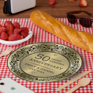 Black swirly frame 50th wedding anniversary paper plate