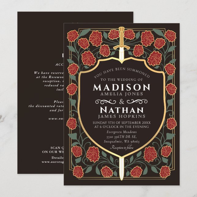 Black Sword Shield Fantasy Wedding QR Code Invitation (Front/Back)