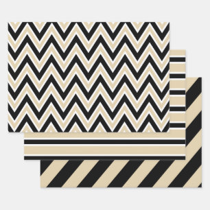 Black, Tan, and White Chevron & Bold Stripe Wrapping Paper Sheet