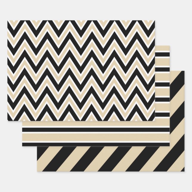 Black, Tan, and White Chevron & Bold Stripe Wrapping Paper Sheet (Set)
