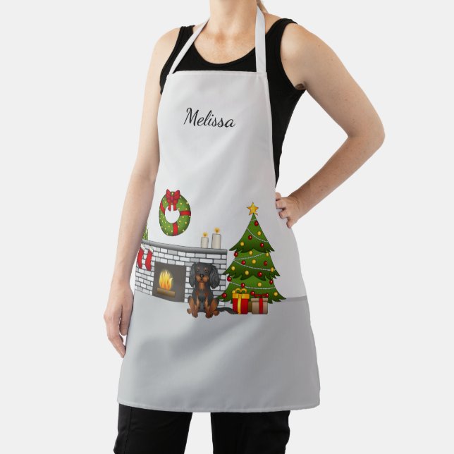 Black & Tan Cavalier In A Christmas Room & Name Apron (Insitu)