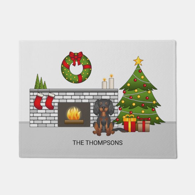 Black & Tan Cavalier In A Christmas Room & Text Doormat (Front)
