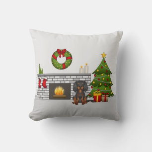 Black & Tan Cavalier In A Festive Christmas Room Cushion