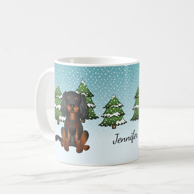 Black Tan Cavalier King Charles Spaniel In Winter Coffee Mug (Front Left)