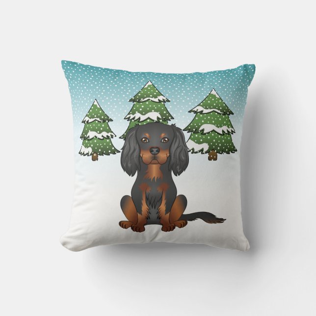 Black Tan Cavalier King Charles Spaniel In Winter Cushion (Front)