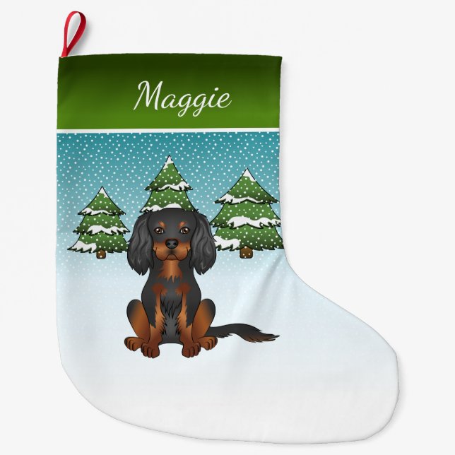 Black Tan Cavalier King Charles Spaniel In Winter Large Christmas Stocking (Front)