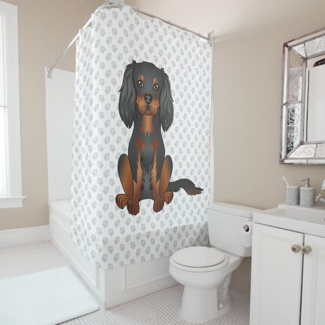 Black & Tan Cavalier King Charles Spaniel & Paws Shower Curtain (In Situ)