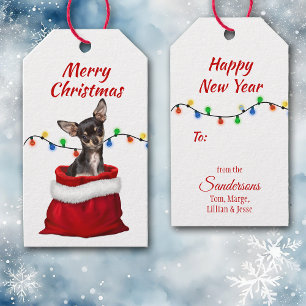 Black Tan Chihuahua Dog in Santa Bag Gift Tags