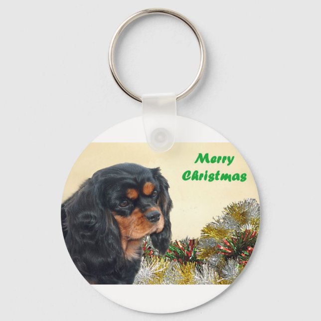 Black & Tan Christmas Cavalier Key Ring (Front)
