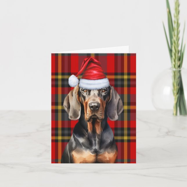 Black Tan Coonhound Christmas Dog Holiday Plaid Card (Front)