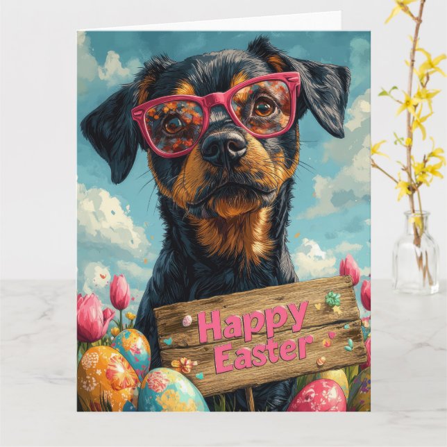 Black Tan Coonhound Easter Eggs  Card (Yellow Flower)