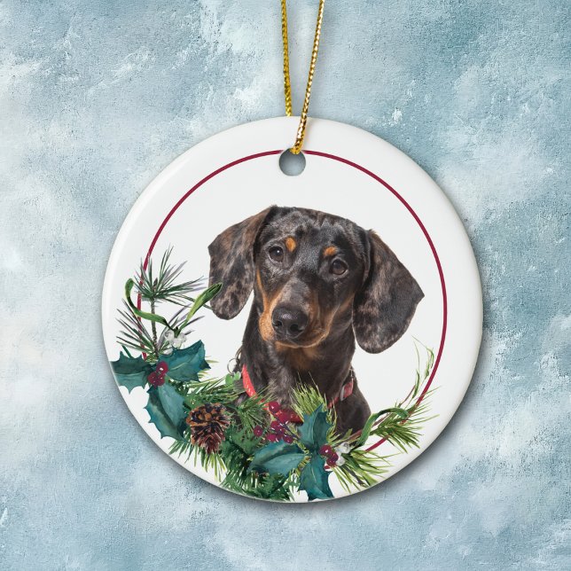 Black Tan Dachshund Dog Evergreen Berry Wreath Ceramic Tree Decoration (Creator Uploaded)