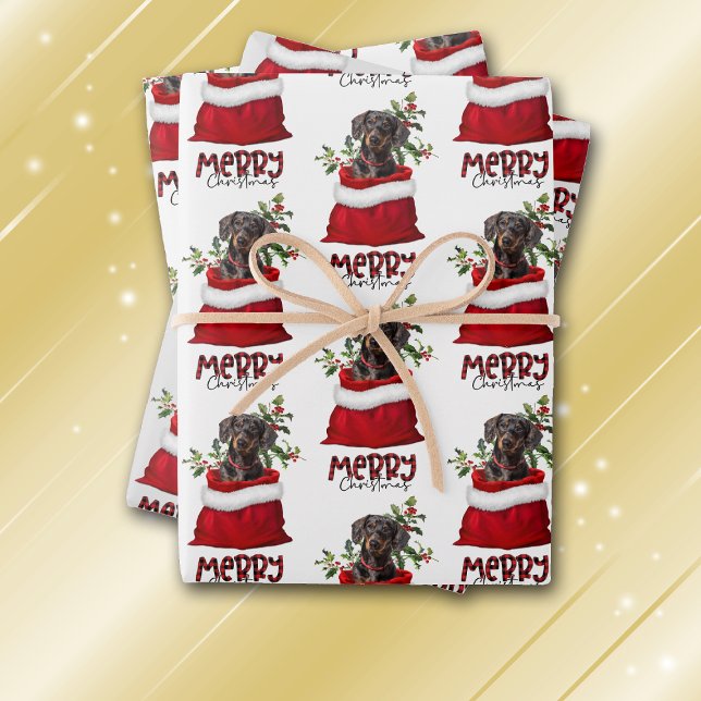 Black Tan Dachshund Dog in Holiday Gift Bag Wrapping Paper Sheet (Creator Uploaded)