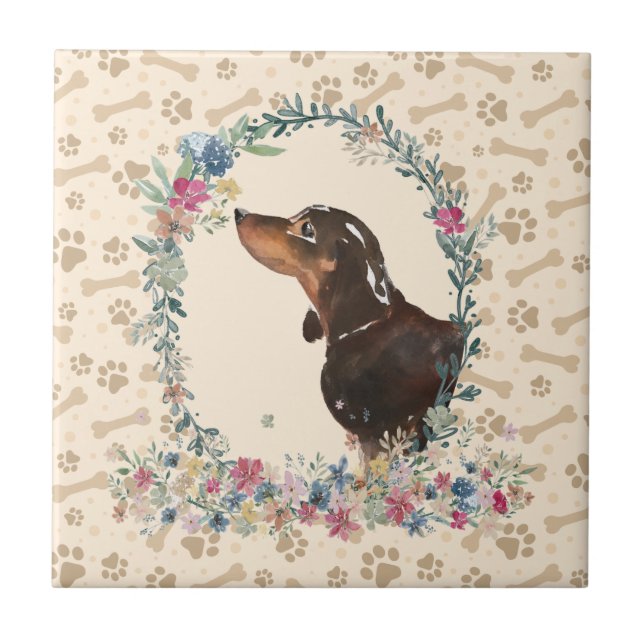 black & Tan Dachshund Dog Paw Print Floral Cute Tile (Front)