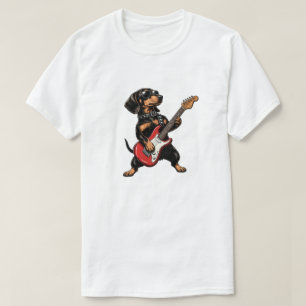 Black Tan Dachshund Rocker Electric Guitar T-Shirt