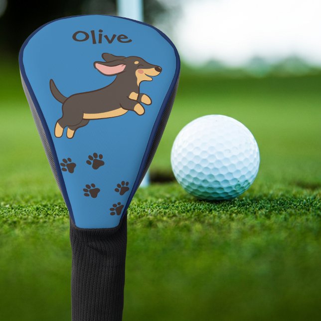 Black Tan Dachshund Running Blue Design Golf Head Cover (Creator Uploaded)