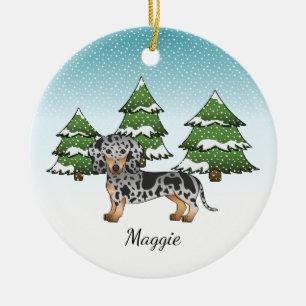 Black & Tan Dapple Short Hair Dachshund In Winter Ceramic Tree Decoration