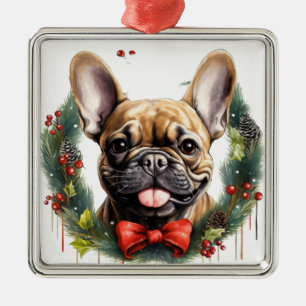 BLACK TAN FRENCH BULLDOG CHRISTMAS WREATH METAL TREE DECORATION