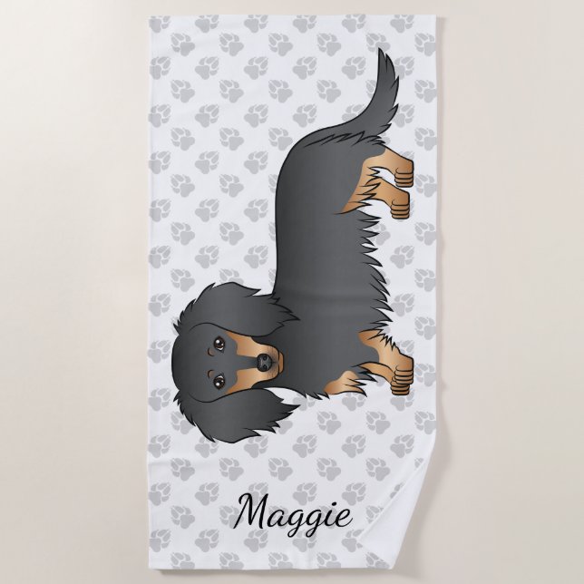 Black & Tan Long Hair Dachshund Cartoon Dog & Name Beach Towel (Front)