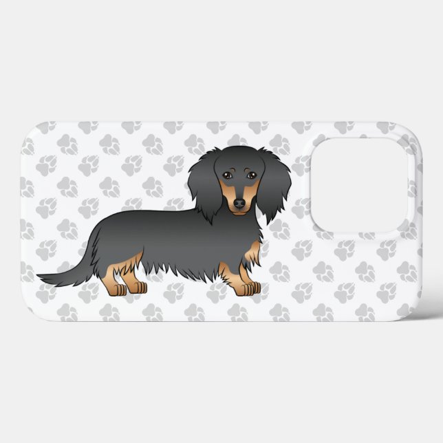 Black & Tan Long Hair Dachshund Cartoon Dog & Paws Case-Mate iPhone Case (Back (Horizontal))