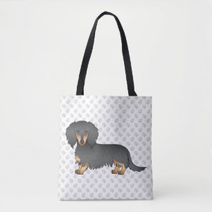 Black & Tan Long Hair Dachshund Cartoon Dog & Paws Tote Bag