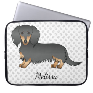 Black & Tan Long Hair Dachshund Cartoon Dog & Text Laptop Sleeve