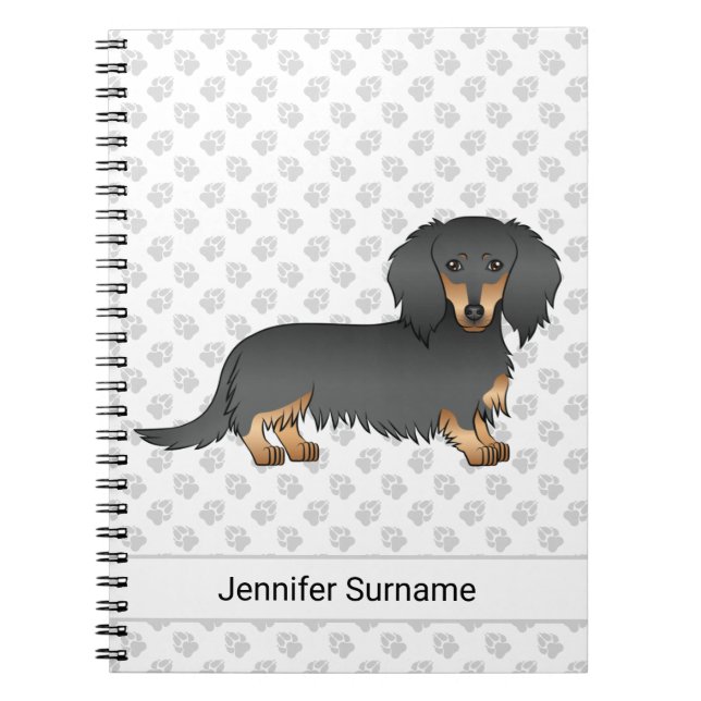 Black & Tan Long Hair Dachshund Cartoon Dog & Text Notebook (Front)