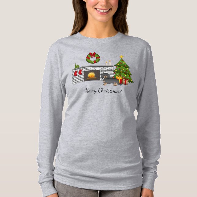 Black & Tan Long Hair Dachshund - Christmas Room T-Shirt (Front)
