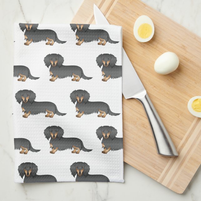 Black & Tan Long Hair Dachshund Cute Dog Pattern Tea Towel (Quarter Fold)