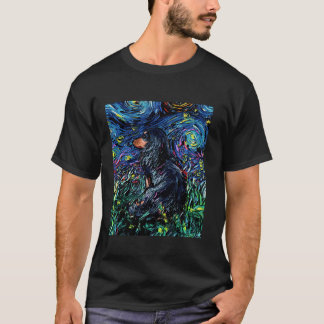 Black Tan Long Hair Dachshund Starry Night Dog Art T-Shirt