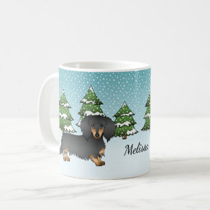Black & Tan Long Hair Dachshund - Winter Forest Coffee Mug