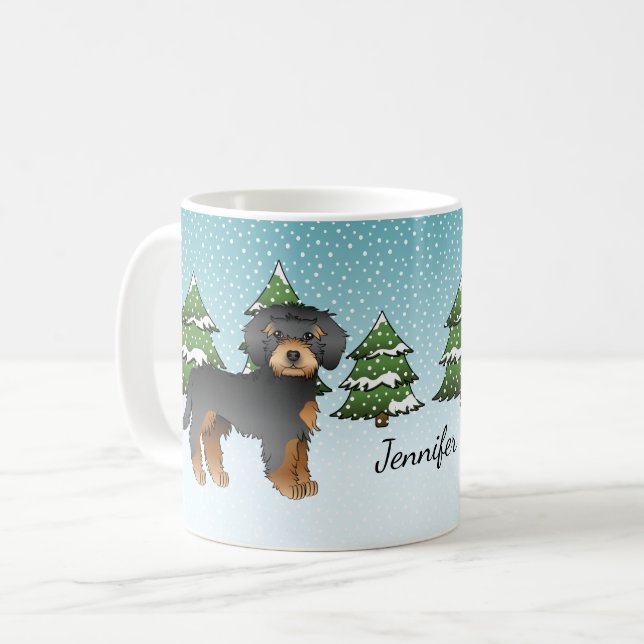Black & Tan Mini Goldendoodle Dog - Winter Forest Coffee Mug (Front Left)