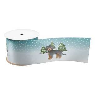 Black & Tan Mini Goldendoodle Dog - Winter Forest Satin Ribbon