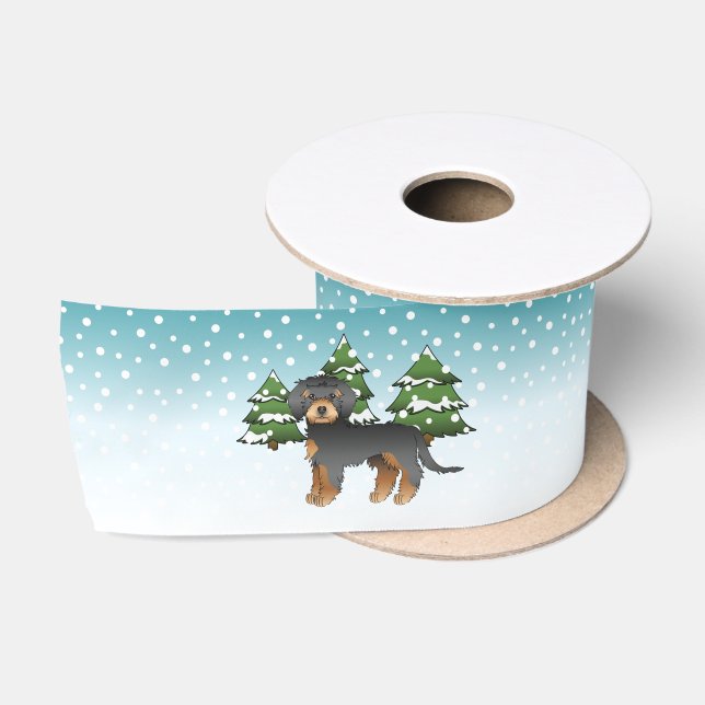 Black & Tan Mini Goldendoodle Dog - Winter Forest Satin Ribbon (Spool)