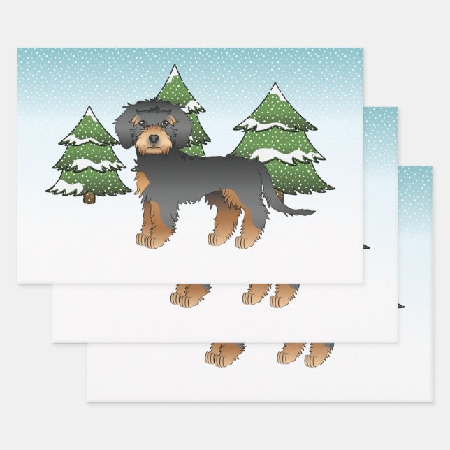 Black & Tan Mini Goldendoodle Dog - Winter Forest Wrapping Paper Sheet (Set)