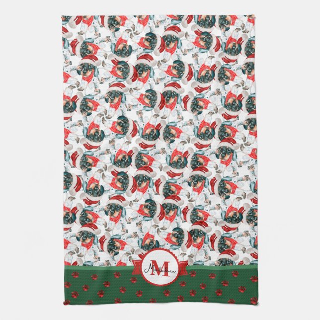 Black Tan Piebald Dachshund Monogram Christmas Dog Tea Towel (Vertical)