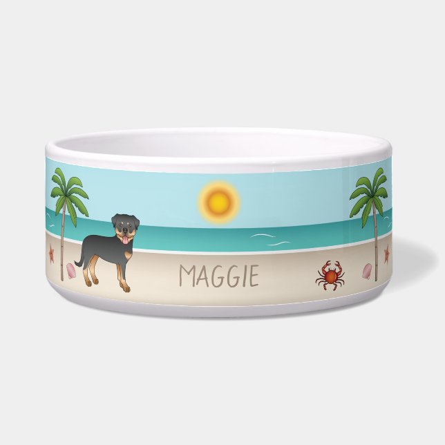 Black & Tan Rottweiler At A Tropical Summer Beach (Front)