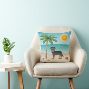 Black & Tan Rottweiler At A Tropical Summer Beach Cushion