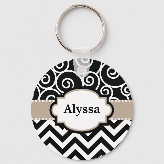 Black Tan Swirls Chevron Personalised Key Ring (Front)