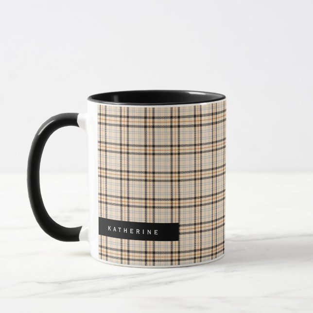 Black Tan Tartan Pattern Holiday Mug (Left)