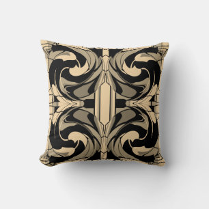 Black Tan Taupe Beige Floral Mosaic Large Tiles Cushion