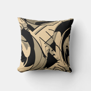 Black Tan Taupe Brown Swirling Lush Leaves Motif Cushion