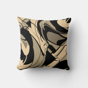 Black Tan Taupe Brown Swirling Shapes Motif Cushion