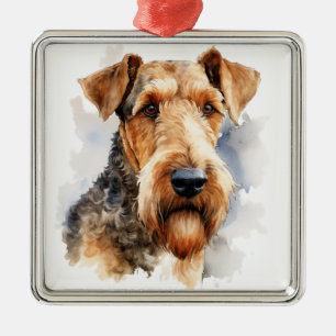 BLACK & TAN WATERCOLOR AIREDALE TERRIER METAL TREE DECORATION