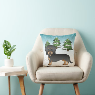 Black & Tan Wire Haired Dachshund In Winter Forest Cushion