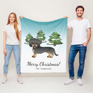 Black & Tan Wire Haired Dachshund In Winter Forest Fleece Blanket